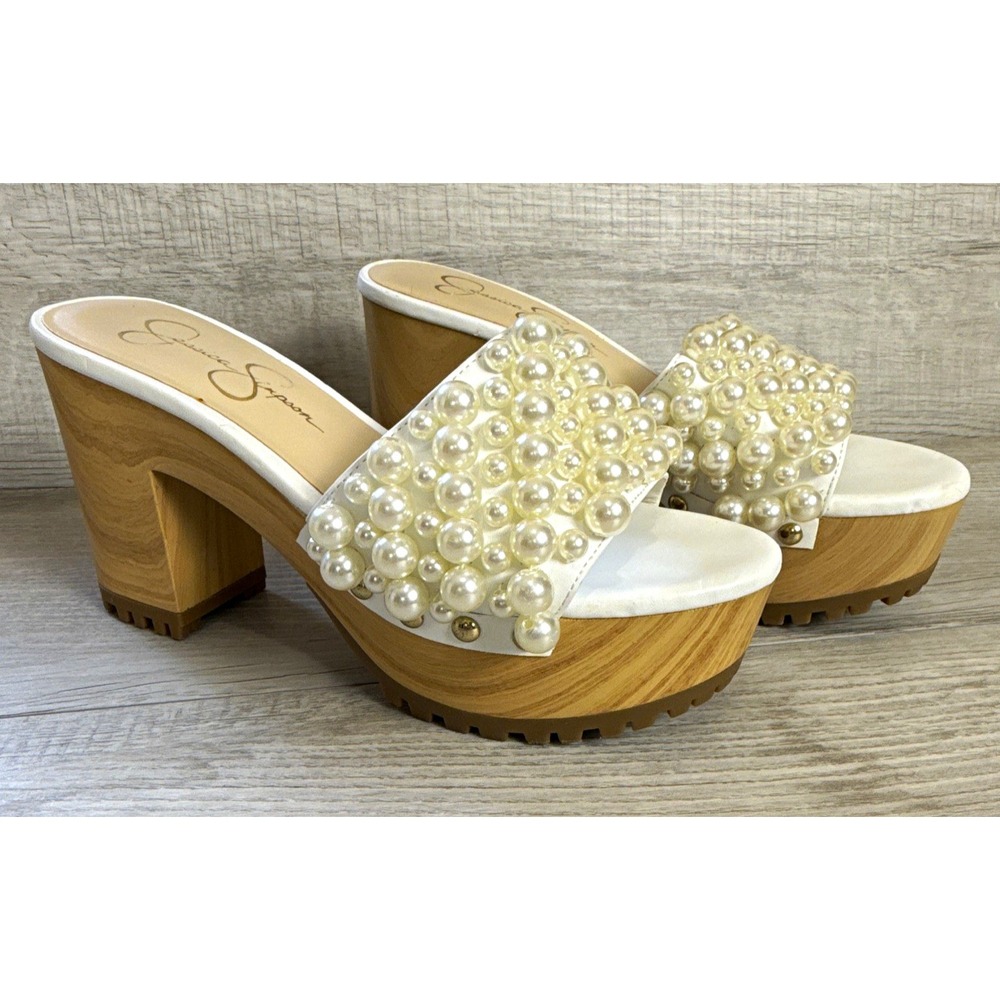 Jessica Simpson Pearl Beaded Platform Clog Heels Women's 6 Bridal Coquette Glam
